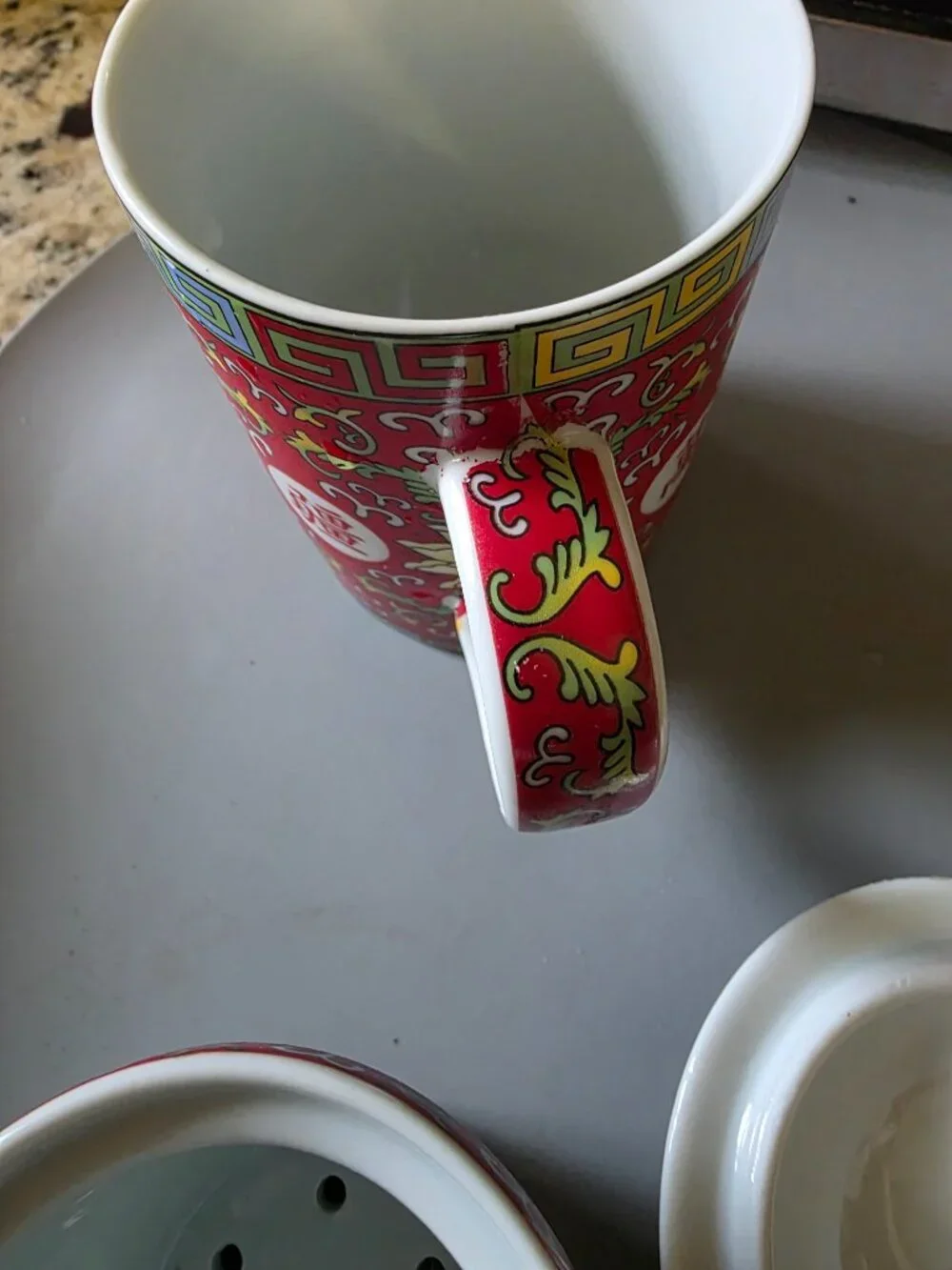 Chinese Porcelain Tea Infuser Mug w/ Lid Red Floral Asian Tea Brewing Cup